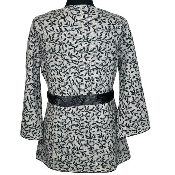 Heather B Gray Black Leaf Print Belted Cardigan Jacket Boho Artsy Flare Sleeve S - Picture 2 of 13